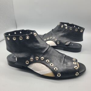 Ron White Astra Black Leather Silver Grommet Italy Gladiator Sandals 8.5/ 39 New